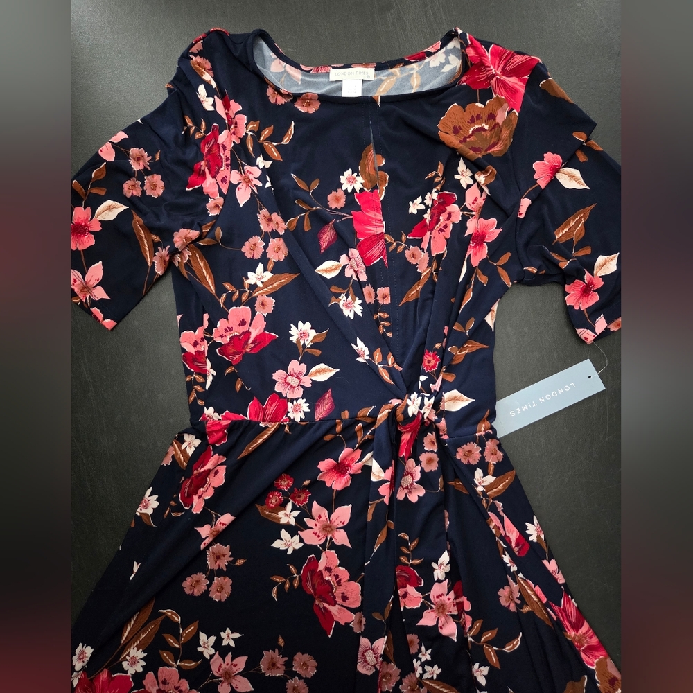 NWT-London Times Navy/Red Floral Elbow Sleeve Side Tie Fit & Flare Midi Dress-14 - Picture 9 of 16